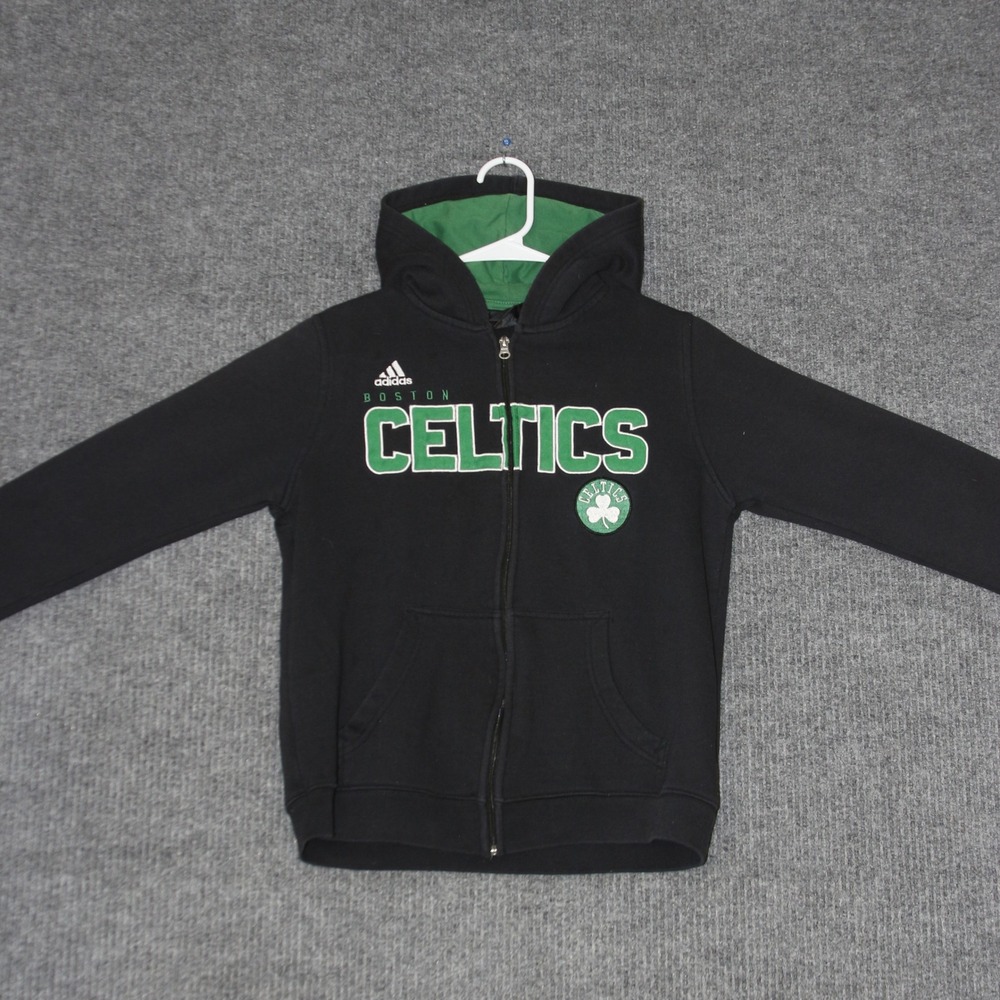 Boston Celtics Adidas Hoodie Kids Youth L‎ Black Full Zip Sweatshirt Sports Y2K